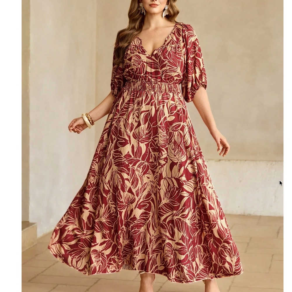 Plus Tropical Print High Waisted V neck Short Sleeve Maxi Dress